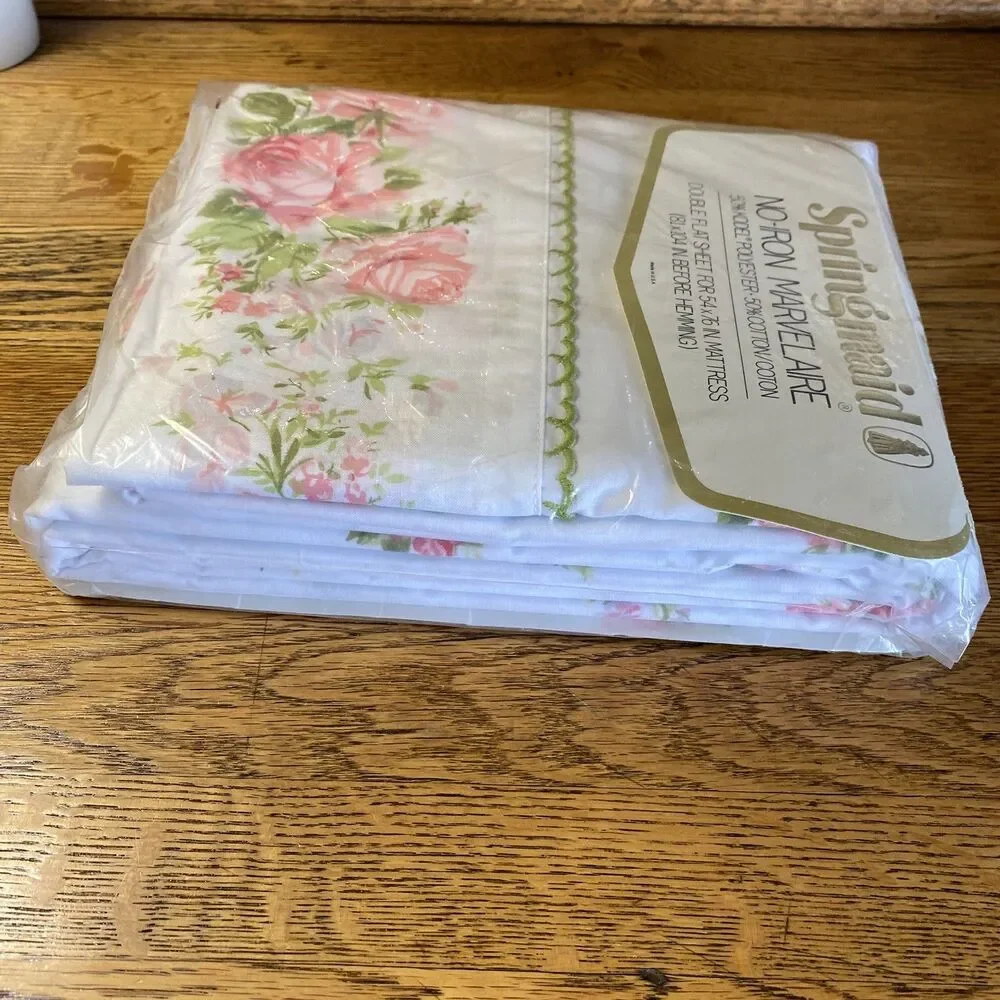 Vtg Springmaid No-Iron Marvelare Dbl Flat Sheet Poly/Cotton 54x76 Pink Roses NOS